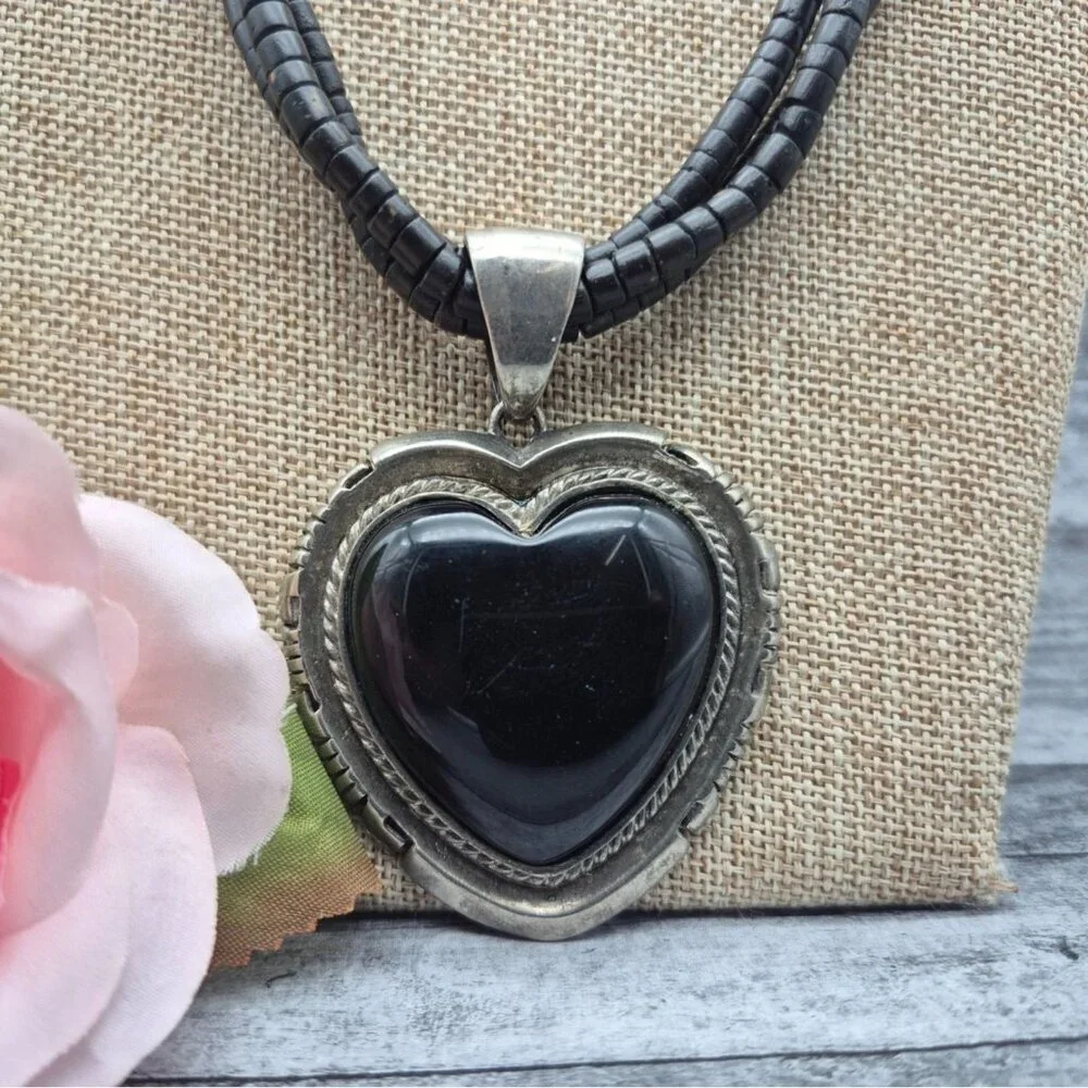 Multi Strand Bead Necklace Silver Tone Black Large Heart Pendant Whimsigoth